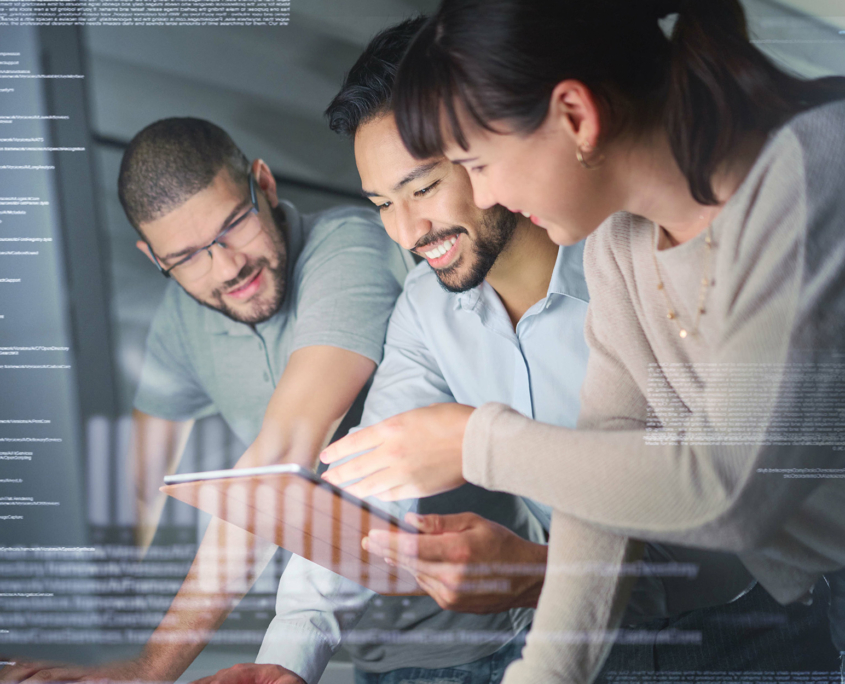 Business People, Coding Overlay And Information Technology With Tablet