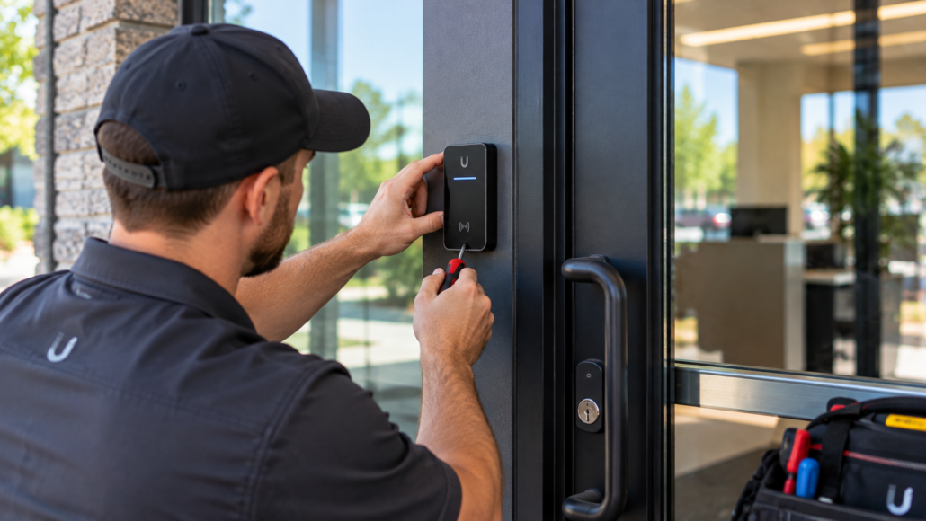 Technician Installing Smart Door Reader