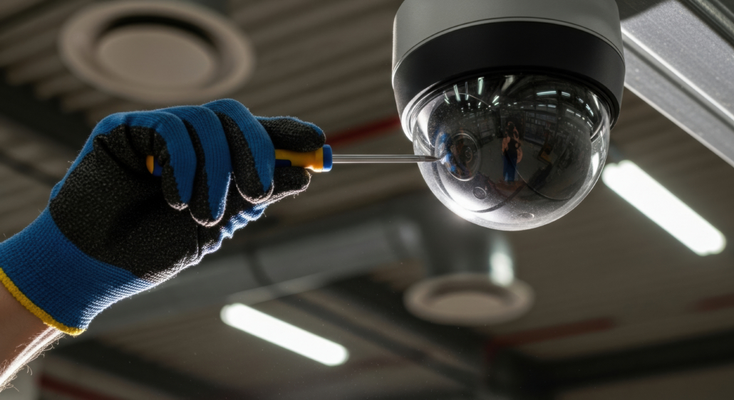 Professional Technician With Confidence Installing Dome Security Camera For Building Logistics. Surveillance Equipment Improves Facility Safety And Overall Security